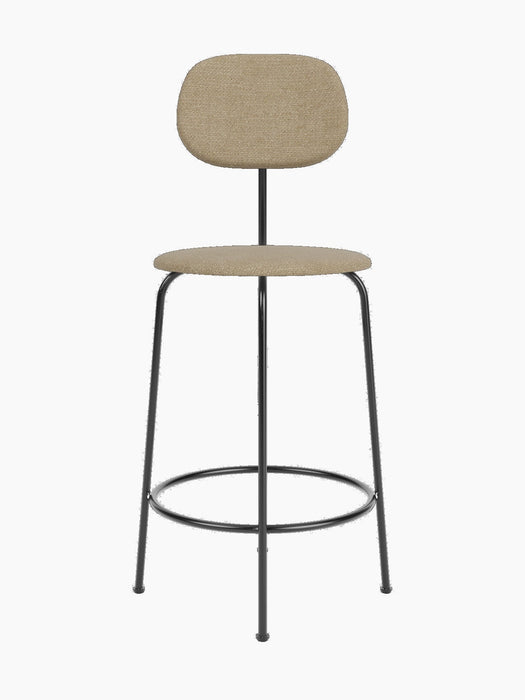 Front view of the Afteroom Counter Chair Plus, fully upholstered in a light brown fabric with a slender, black metal frame.
