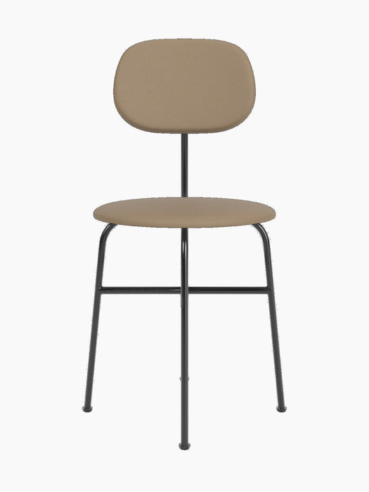 Front view of the Afteroom Dining Chair Plus. It has a slim black metal frame with a light brown upholstered seat and back.