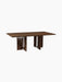 The Androgyne Dining Table, Rectangular, dark stained oak, seen from an angle, highlighting its sculptural legs with cutouts.