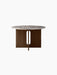 Front view of the Androgyne Dining Table with a round Grey Galaxy Marble top and a dark stained oak base with panel cutouts.