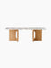 Front view of the Androgyne Lounge Table with a Calacatta Viola marble top and two natural oak legs with cutout details.