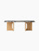 Front view of the Androgyne Lounge Table. It has a Grey Galaxy marble top and a natural oak base with distinctive cut-outs.