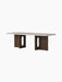 The Androgyne Lounge Table with a rectangular Kunis Bressia stone top and a dark stained oak base with distinctive cutouts.