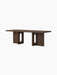 Angled view of the Androgyne Lounge Table in dark stained oak, with two wide legs featuring distinctive oval cutouts.
