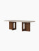 Androgyne Lounge Table with a rectangular Kunis Breccia stone top resting on two wide walnut veneer legs with oval cutouts.