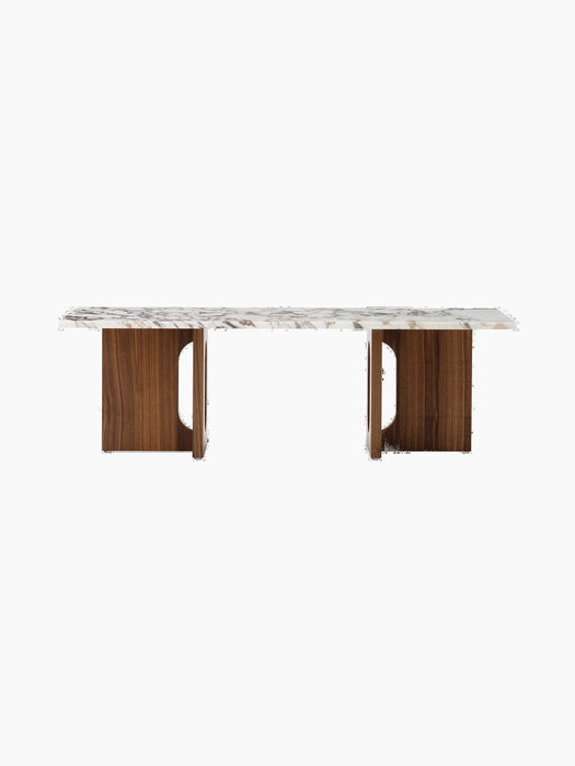Front view of the Androgyne Lounge Table, showing its rectangular Calacatta Viola marble top on two solid walnut wood legs.
