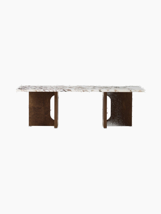 Front view of the Androgyne Lounge Table with a Calacatta Viola marble top and a dark stained oak base with cutouts.