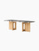 Androgyne Lounge Table with a rectangular Grey Galaxy marble top and a natural oak veneer base with two large oval cutouts.