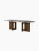 A rectangular Androgyne Lounge Table with a grey veined marble top and two dark oak legs, each featuring a large oval cutout.