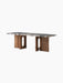 Angled view of the Androgyne Lounge Table with a Grey Galaxy marble top and a dark walnut wood base with oval cutouts.