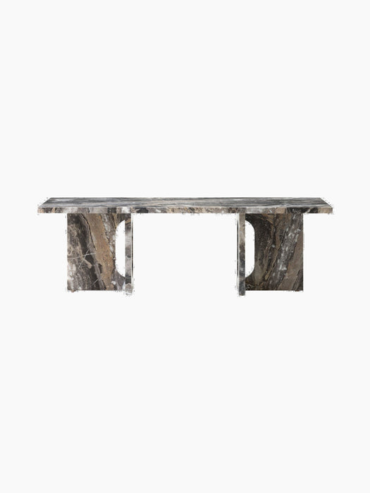 A front view of the Androgyne Lounge Table in Grey Galaxy marble, featuring a rectangular top and two wide legs with cutouts.