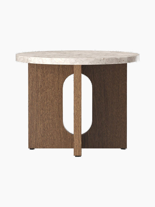 Front view of the Androgyne Side Table, Ø50, featuring a round Kunis Breccia stone top and a dark stained oak base.