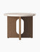 Front view of the Androgyne Side Table, Ø50, featuring a round Kunis Breccia stone top and a dark stained oak base.