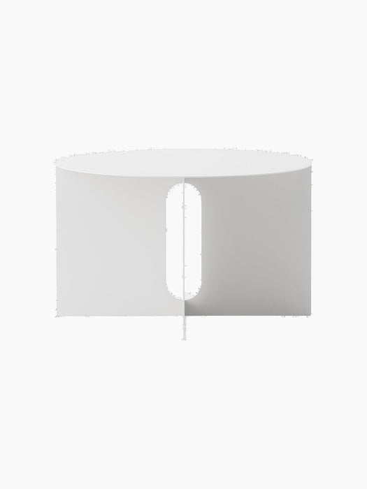 A front-on image of the Androgyne Side Table Ø63 base. The ivory-coloured metal base is cylindrical with a vertical cutout.