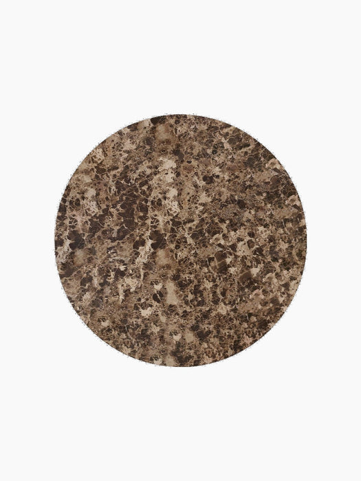 Top-down view of the circular Androgyne Side Tabletop, showcasing the intricate brown and beige veining of Emperador marble.