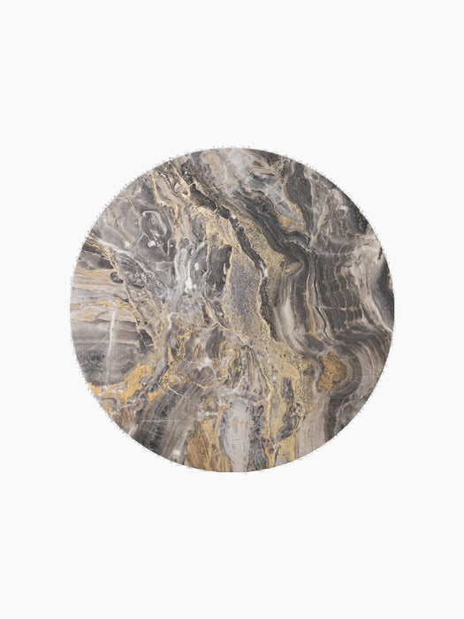 Top view of the Plinth Table's circular Grey Kendzo marble top, showing its swirling grey, white, and gold patterns.