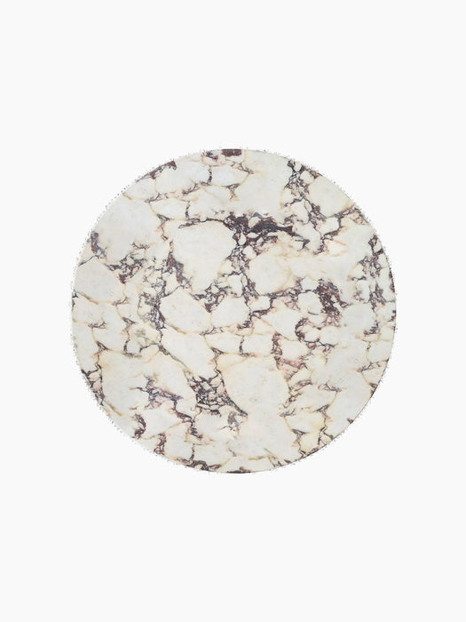 A top-down view of the round Androgyne Side Tabletop in Calacatta Viola marble, showcasing its white and rich purple veins.