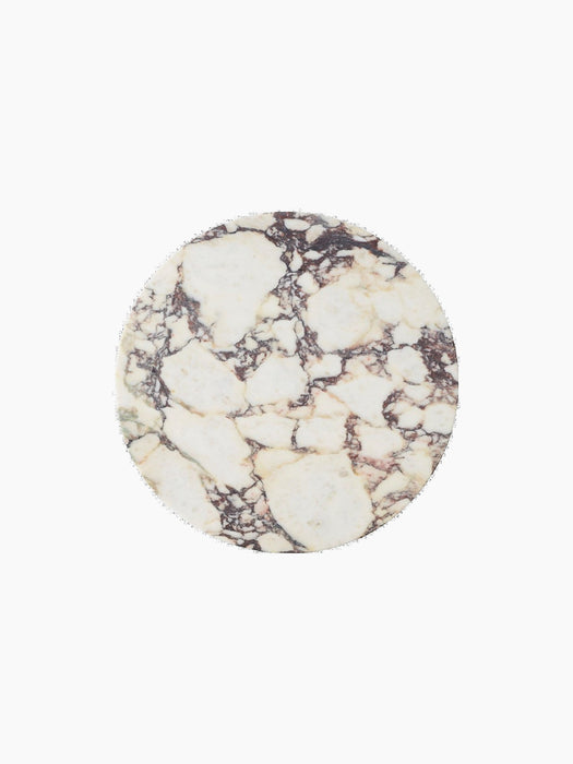 Top-down view of the round Androgyne Side Tabletop in Calacatta Viola marble, showing its bold purple and grey veining.