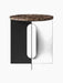 Front view of the Androgyne Side Table, featuring a round Emperador marble top and a black steel base with a cutout detail.