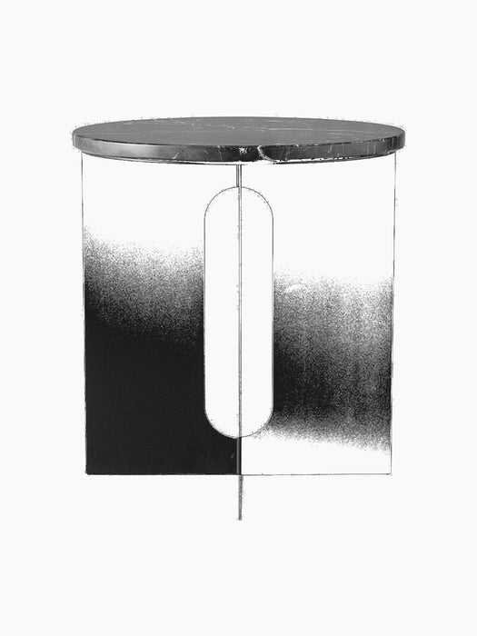 Front-facing studio shot of the black Androgyne Side Table, showing its round marble top and steel base with an oval cutout.