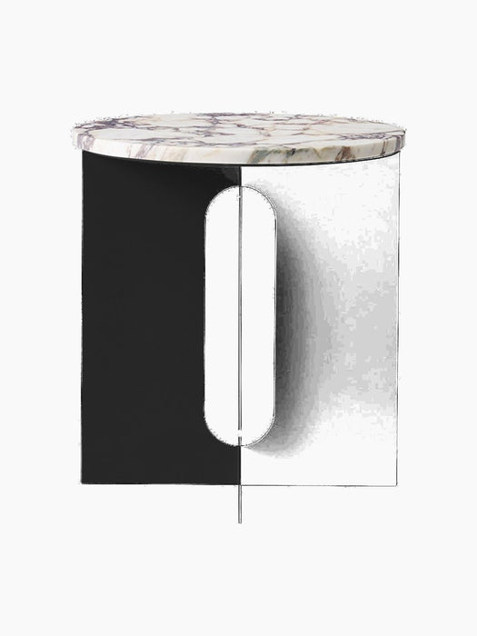 Front view of the Androgyne Side Table with a round Calacatta Viola marble top and a black steel base with a central cutout.