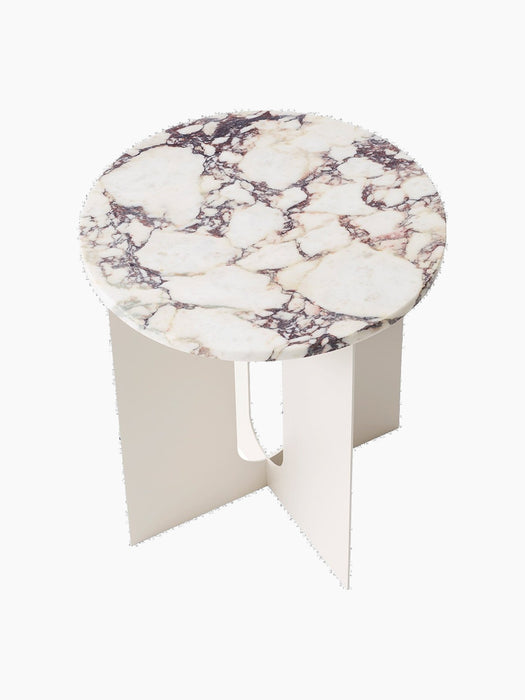 A top-down view of the Androgyne Side Table, featuring a round Calacatta Viola marble top with purple veins on an ivory base.