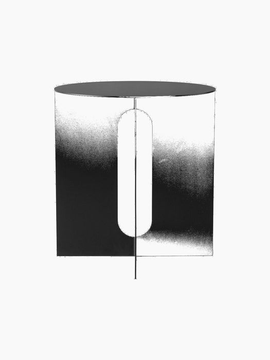 The Androgyne Side Table's black steel base. It features two intersecting flat panels with large oblong cutouts.
