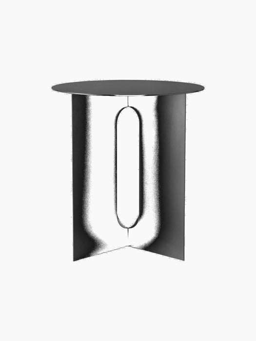 Front view of the black Androgyne Side Table with a steel base and round top, featuring a distinctive oval cut-out.