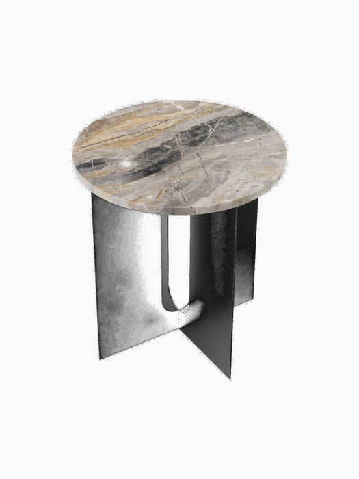 Angled top view of the Androgyne Side Table. It has a round Grey Galaxy marble top with grey and gold veins on a black base.