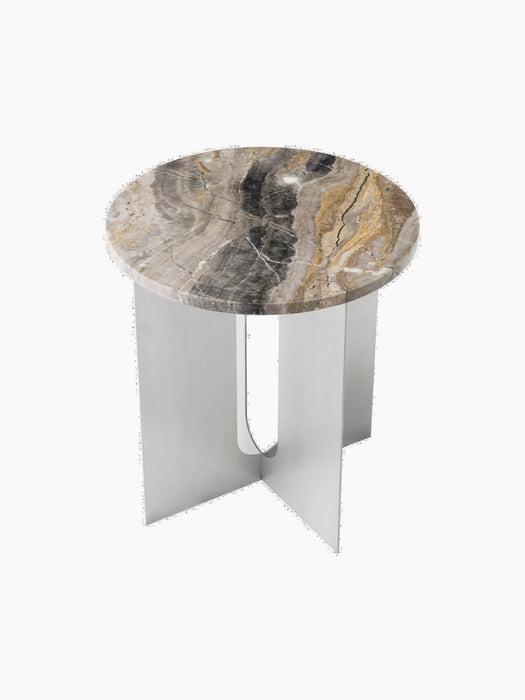 Androgyne Side Table with a round Grey Galaxy marble top and chrome base, viewed from a high angle on a black background.