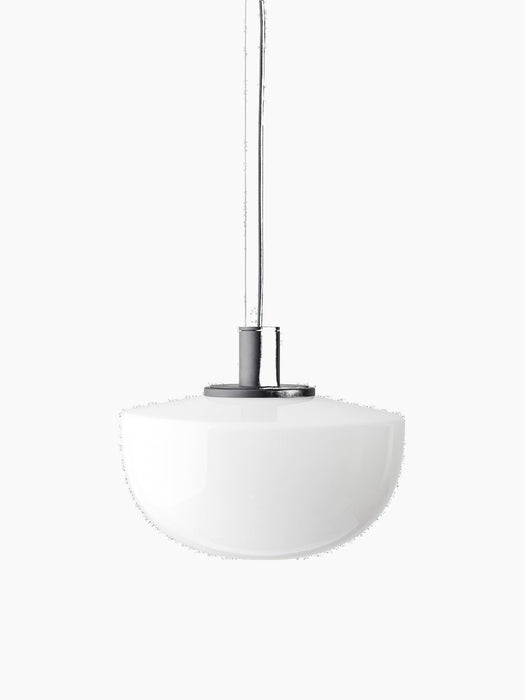 The Bank Pendant with a white, semicircular opal glass shade and black fittings, hanging against a solid black background.