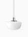 The Bank Pendant with a white, semicircular opal glass shade and black fittings, hanging against a solid black background.