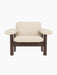Front view of the Brasilia Lounge Chair, Low Back, with a dark stained oak frame and light Logan Jasmine textile upholstery.