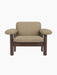 Front view of the Brasilia Lounge Chair, Low Back, featuring a dark stained oak frame and light beige Audo Bouclé upholstery.