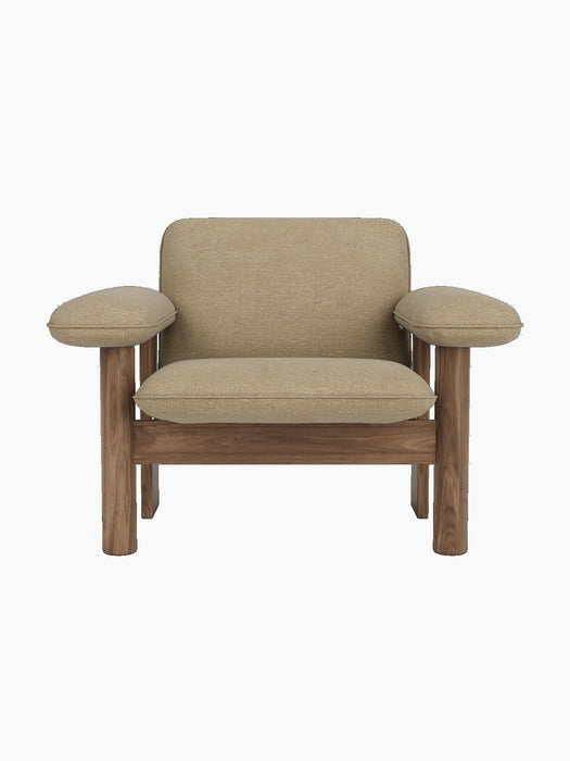 Front view of the Brasilia Lounge Chair, Low Back, with a walnut wood frame and light beige Audo Bouclé 02 upholstery.