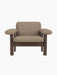 Front view of the Brasilia Lounge Chair, Low Back. Features dark stained oak frame and plush Logan Flint textile upholstery.