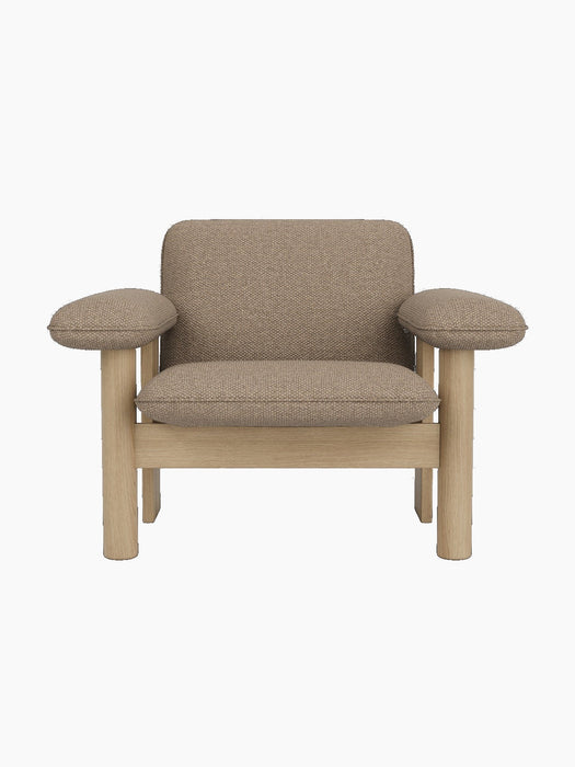 Front view of the Brasilia Lounge Chair, Low Back, upholstered in Logan Flint textile with a natural solid oak frame.