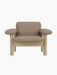 Front view of the Brasilia Lounge Chair, Low Back, upholstered in Logan Flint textile with a natural solid oak frame.