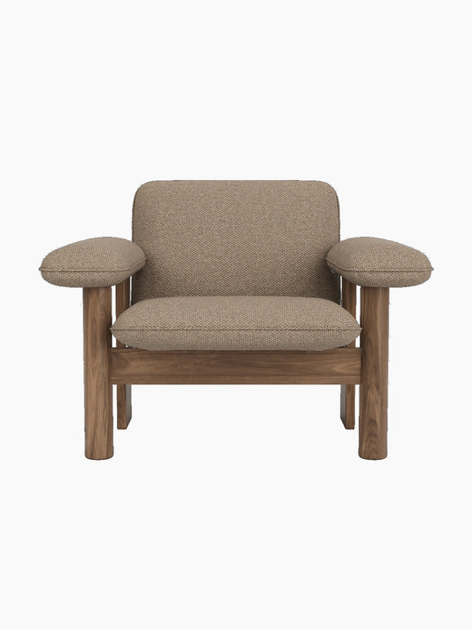 Front view of the Brasilia Lounge Chair, Low Back, featuring a solid walnut frame and Logan Flint textile upholstery.