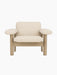 Front view of the Brasilia Lounge Chair, Low Back, with a natural oak frame and upholstered in light Logan Jasmine textile.