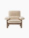 Front view of the Brasilia Lounge Chair, High Back, Sheepskin. With a dark wood frame and plush cream sheepskin upholstery.