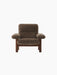 Front view of the Brasilia Lounge Chair, High Back, with a dark stained oak frame and plush, brown Sheepskin Root upholstery.