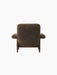 Back view of Brasilia Lounge Chair, high back, upholstered in dark brown Sheepskin Root with a dark stained oak frame.