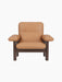 Front-on view of the Brasilia Lounge Chair, High Back, with a dark stained oak frame and plush camel-coloured upholstery.
