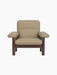 Front-on view of the Brasilia Lounge Chair, High Back, with a dark stained oak frame and cushions in a sand bouclé.