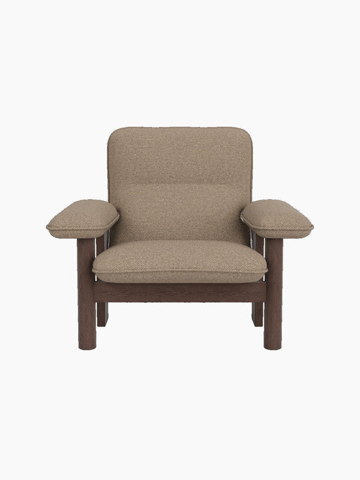 Front view of the Brasilia Lounge Chair, High Back, with a dark stained oak frame and light brown Logan Flint upholstery.
