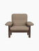Front view of the Brasilia Lounge Chair, High Back, with a dark stained oak frame and light brown Logan Flint upholstery.