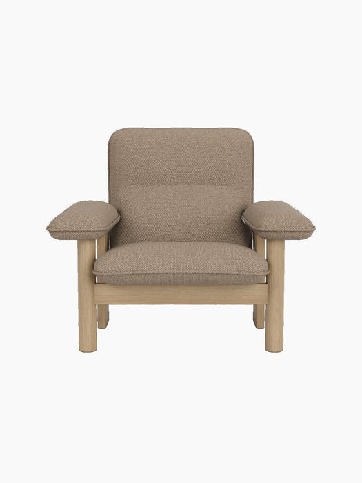 Front view of the Brasilia Lounge Chair with a high back, upholstered in textured Logan Flint fabric on a natural oak frame.