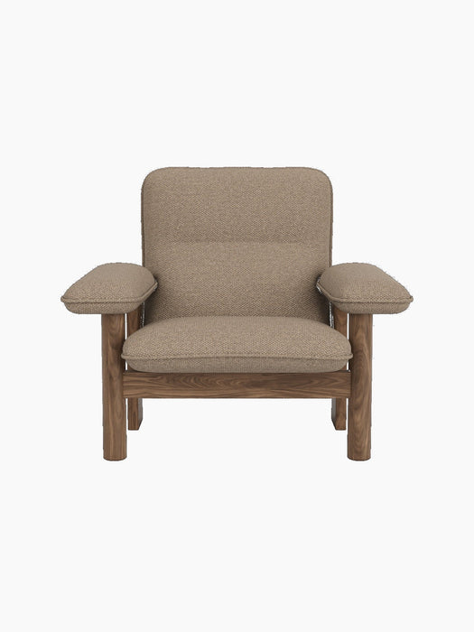 Front view of the Brasilia Lounge Chair, High Back, with a solid walnut frame, stout legs, and beige fabric upholstery.