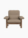 Front view of the Brasilia Lounge Chair, High Back, with a solid walnut frame, stout legs, and beige fabric upholstery.